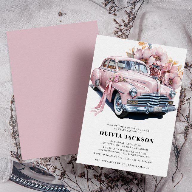Invitación Ducha Nodal Moderna De Coche Vintage Rosa (Subido por el creador)