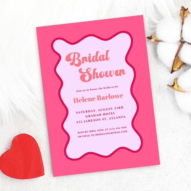 Invitación Ducha nodal rosa rojo rosa retro (Retro Pink Red Wavy Bridal Shower Invitation)