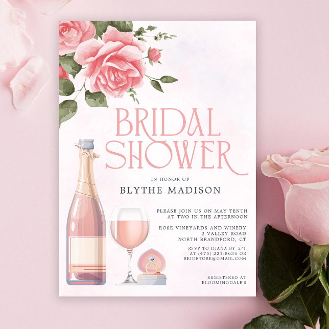 Invitación Ducha Nodal Rosé Floral Wine (Relieve metalizado d (Subido por el creador)