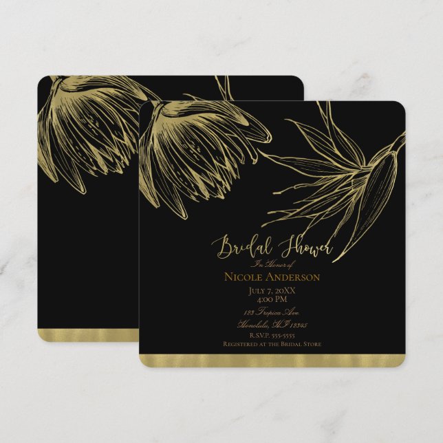 Invitación Ducha Nodal Tropical Glam Gold y Black Moderno (Anverso / Reverso)