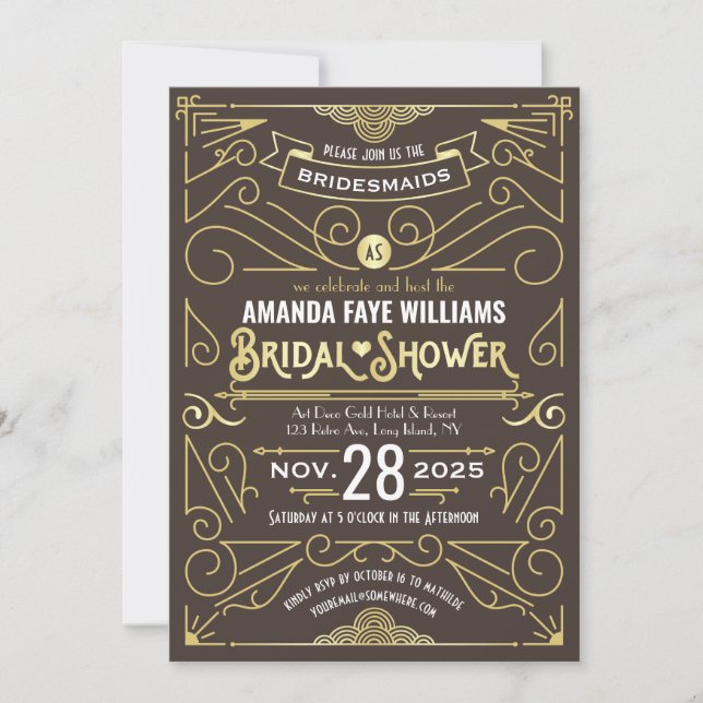Invitación Ducha Novial Art Déco Elegante Chocolate Gold (Anverso)