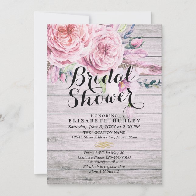 Invitación Ducha nupcial acuarela Boho Floral Rústica Madera (Anverso)