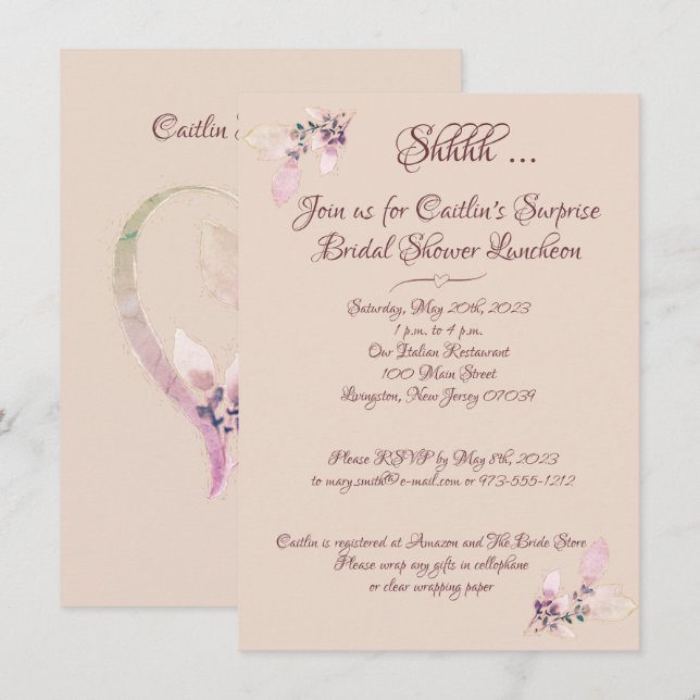Invitación Ducha nupcial, acuarela de salmón (Anverso / Reverso)