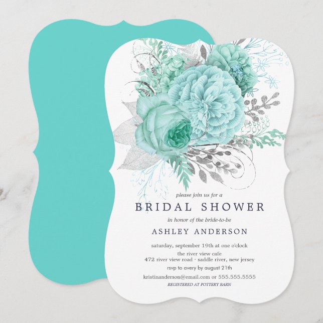 Invitación Ducha nupcial acuática y plateada (Anverso / Reverso)