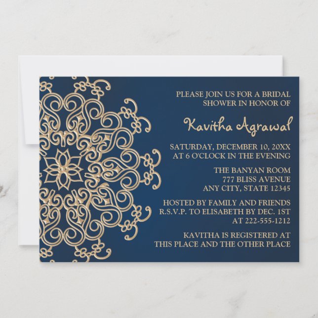 Invitación Ducha nupcial al estilo indio azul marino y dorado (Anverso)