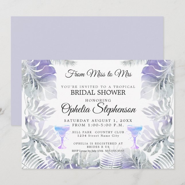 Invitación Ducha nupcial Ametista Agua Leafy Tropical (Anverso / Reverso)