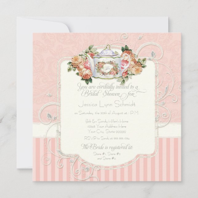 Invitación Ducha nupcial antigua del ramo floral de los rosas (Anverso)