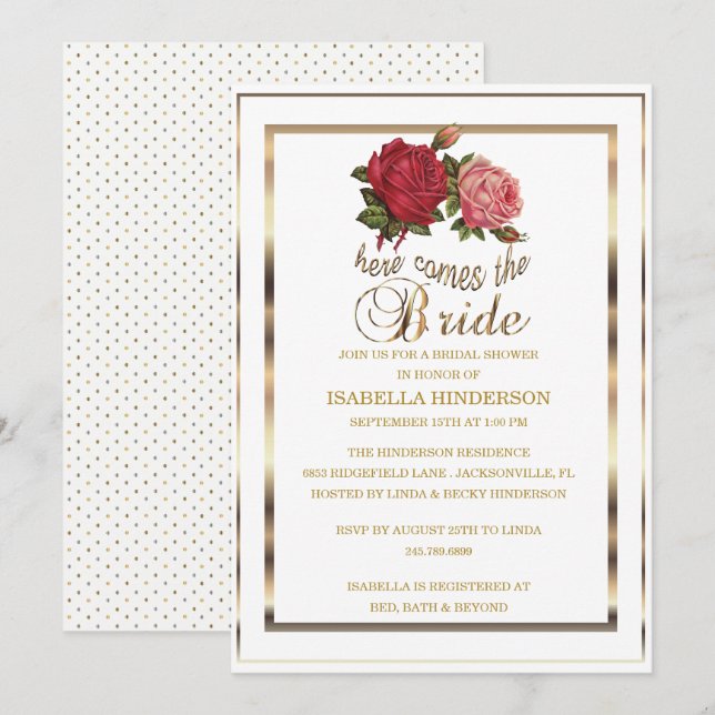 Invitación Ducha nupcial - aquí viene la novia - color de (Anverso / Reverso)