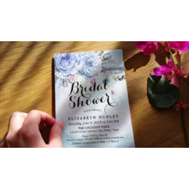 Invitación Ducha nupcial Azul acuarela Boho Floral Fethers