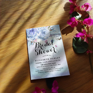 Invitación Ducha nupcial Azul acuarela Boho Floral Fethers