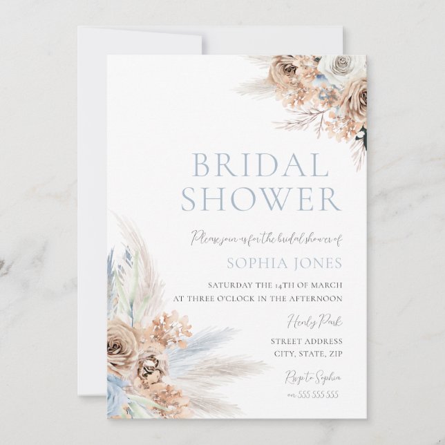 Invitación Ducha nupcial azul Boho: Floral de marfil y azul t (Anverso)
