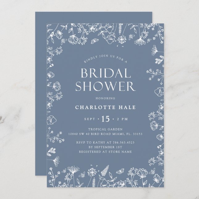 Invitación Ducha nupcial azul botánica (Anverso / Reverso)