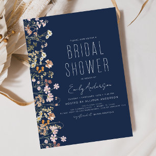 Invitación Ducha nupcial azul de la marina Boho Wildflower