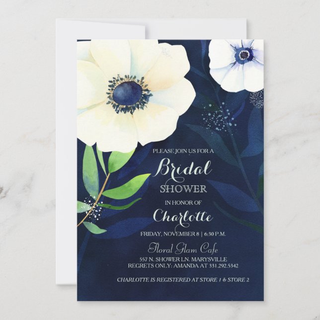 Invitación Ducha nupcial azul de la Marina Floral de Anemone (Anverso)
