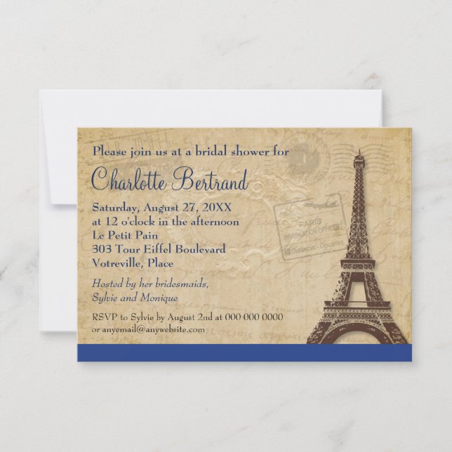 Invitación Ducha nupcial azul de la Torre Eiffel (Anverso)