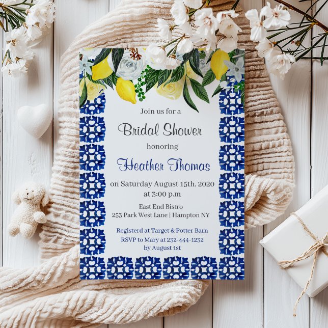 Invitación Ducha nupcial azul de lemones mediterráneos (Subido por el creador)