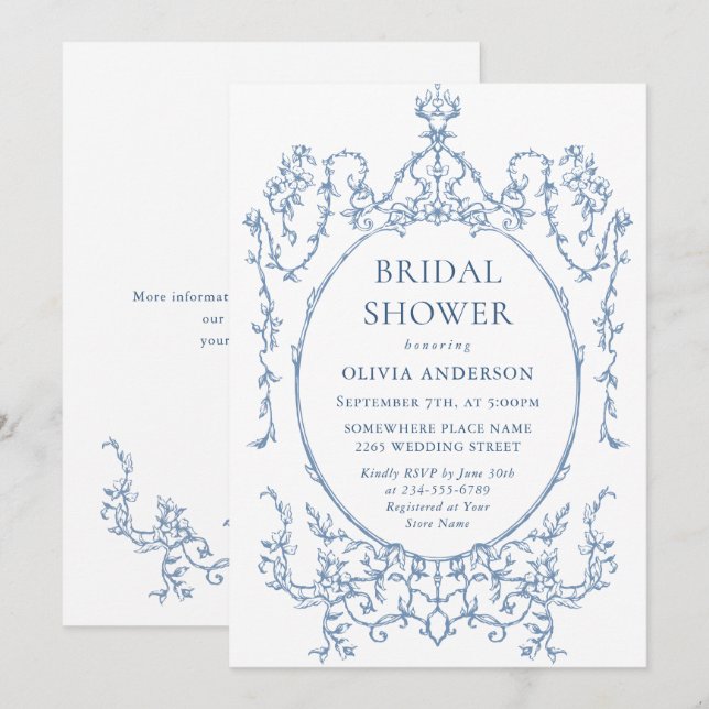 Invitación Ducha nupcial azul fuerte y floral de origen victo (Anverso / Reverso)