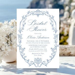Invitación Ducha nupcial azul fuerte y floral de origen victo