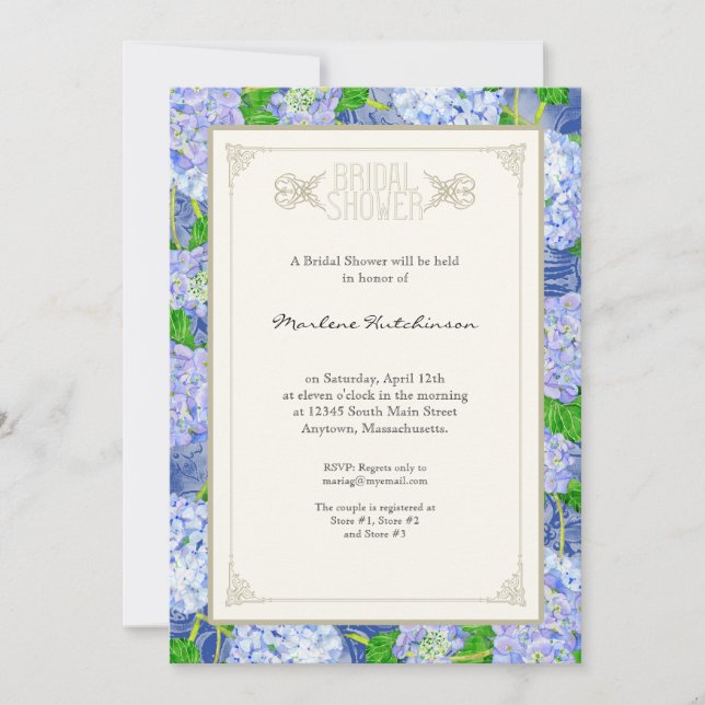 Invitación Ducha nupcial Azul Hydrangea Lace Floral Formal (Anverso)