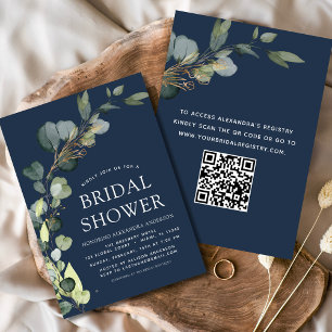 Invitación Ducha nupcial azul marina QR Código Eucalipto