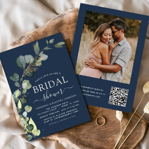 Invitación Ducha nupcial azul marina QR Código foto Eucalipto
