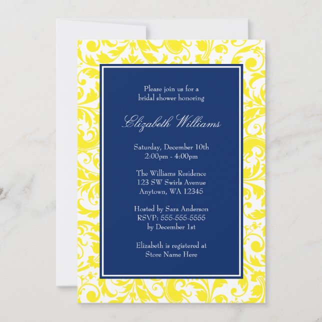 Invitación Ducha nupcial azul marina y amarilla en Damask (Anverso)