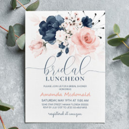 Invitación Ducha nupcial azul marino y floral rosa Rubor
