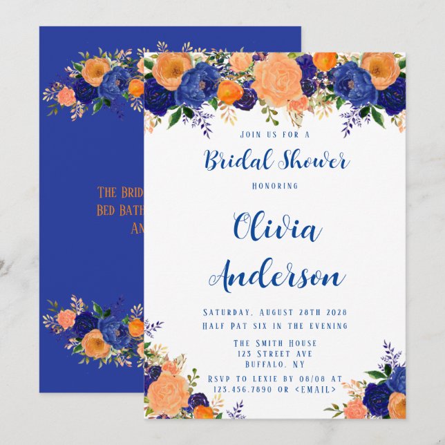 Invitación Ducha nupcial azul marino y Naranja florals (Anverso / Reverso)