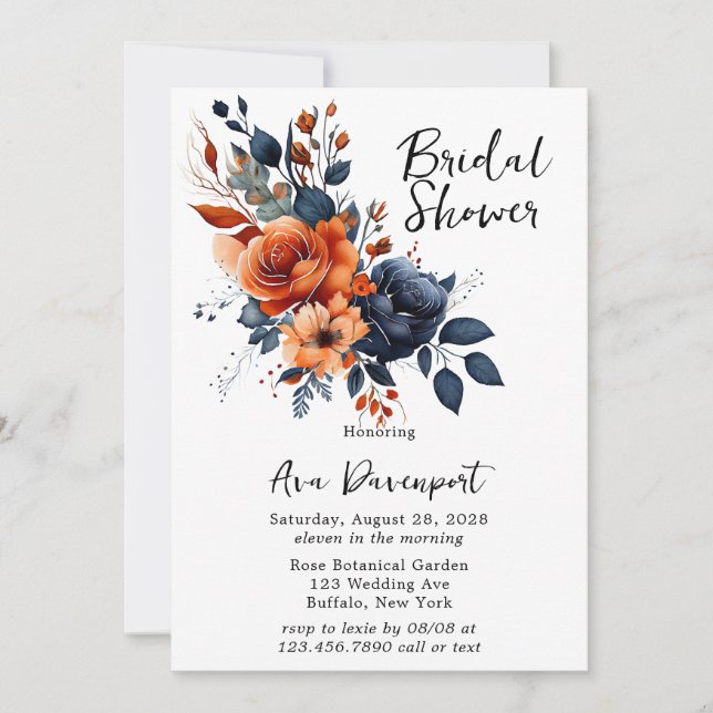 Invitación Ducha nupcial azul marino y peony Naranja (Anverso)
