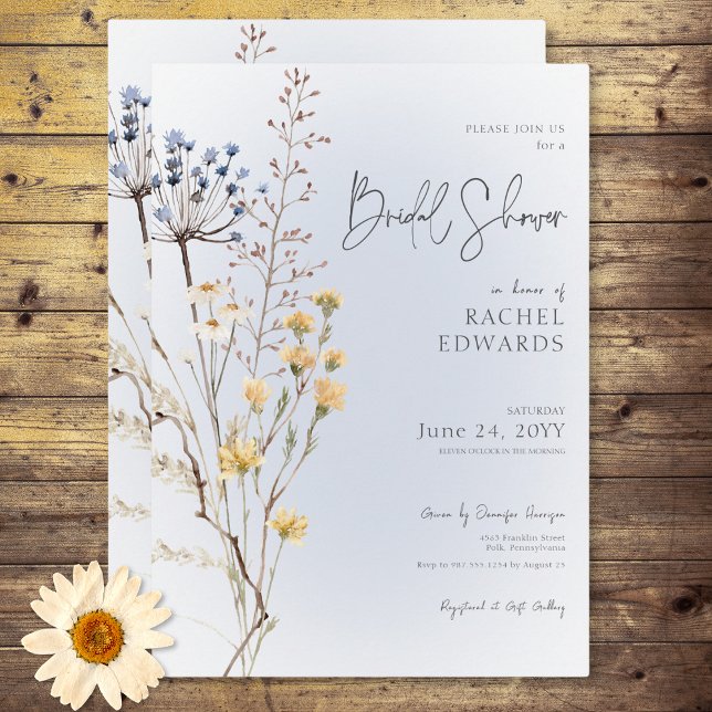 Invitación Ducha nupcial azul moderna de Boho Wildflower (Boho Wildflower Modern Blue Bridal Shower Invitation)