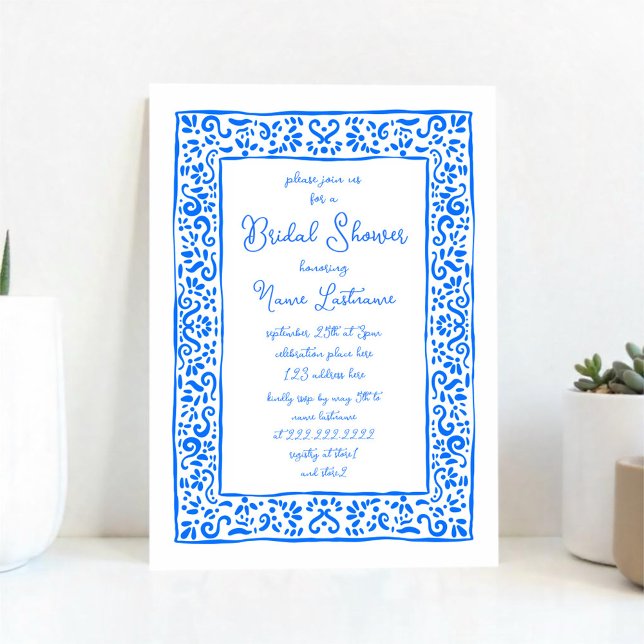 Invitación Ducha nupcial azul pintada a mano mediterránea (Subido por el creador)
