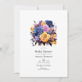 Invitación Ducha nupcial azul, púrpura, dorada y floral negra