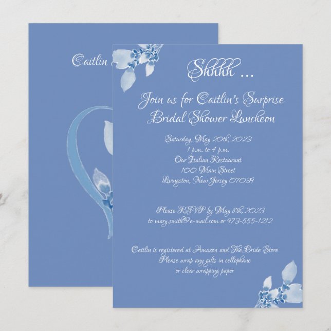 Invitación Ducha nupcial, azul sobre azul (Anverso / Reverso)