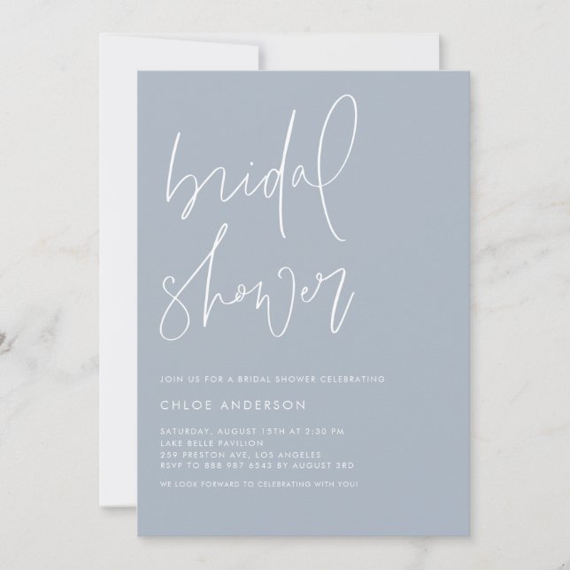 Invitación Ducha nupcial azul turbia y escrita a mano minimal (Anverso)