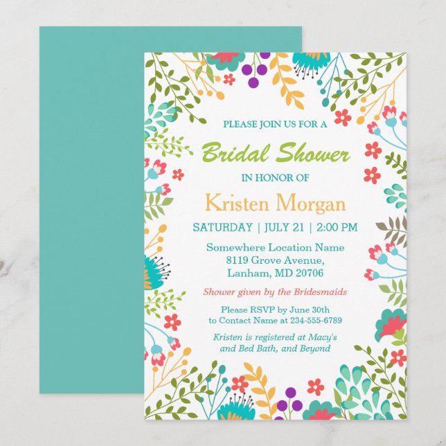 Invitación Ducha nupcial azul Verde azulada floral fresca de  (Anverso / Reverso)