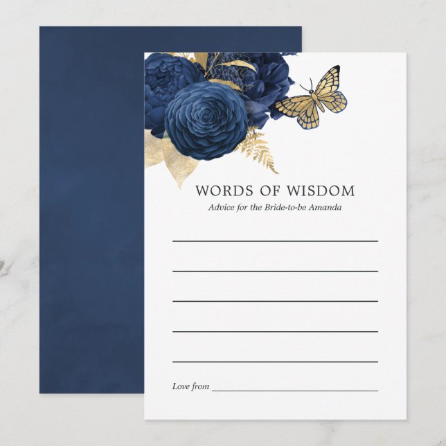 Invitación Ducha nupcial azul y dorada (Anverso / Reverso)