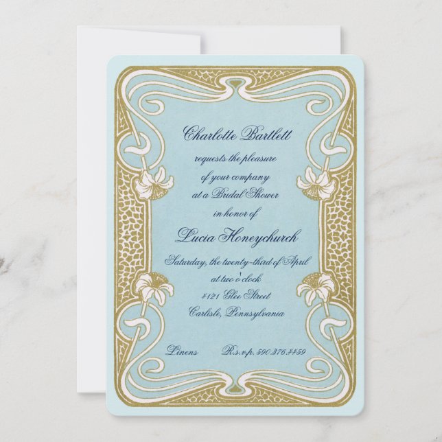 Invitación Ducha nupcial azul y dorada de Art Nouveau (Anverso)