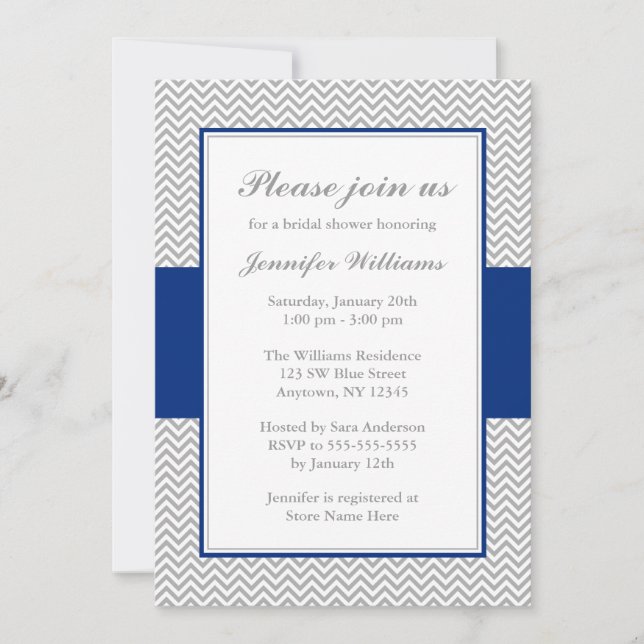 Invitación Ducha nupcial azul y gris Chevron (Anverso)