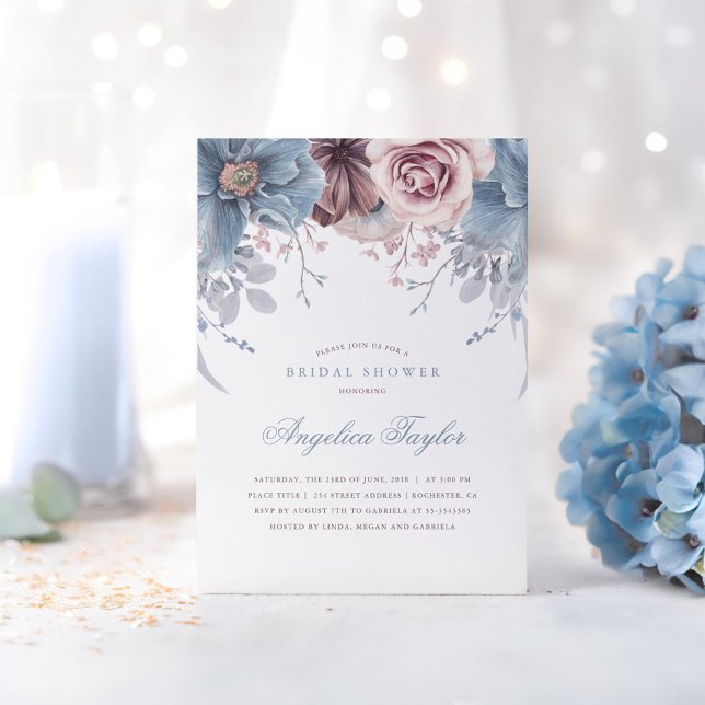 Invitación Ducha nupcial azul y malva (Dusty Blue and Mauve Floral Bridal Shower)
