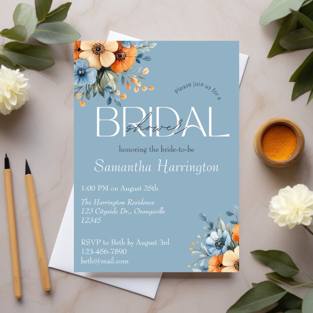 Invitación Ducha nupcial azul y Naranja con flores silvestres (Subido por el creador)