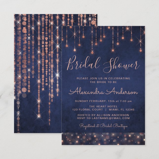 Invitación Ducha nupcial azul y Rosa (Anverso / Reverso)
