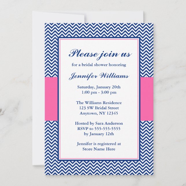 Invitación Ducha nupcial azul y rosa Chevron (Anverso)