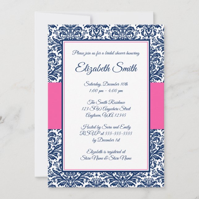 Invitación Ducha nupcial azul y rosa Damask de la marina (Anverso)