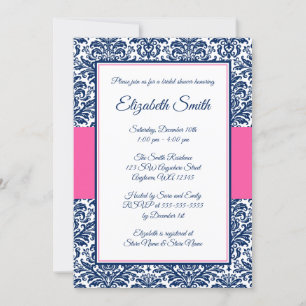 Invitación Ducha nupcial azul y rosa Damask de la marina
