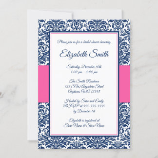 Invitación Ducha nupcial azul y rosa Damask de la marina