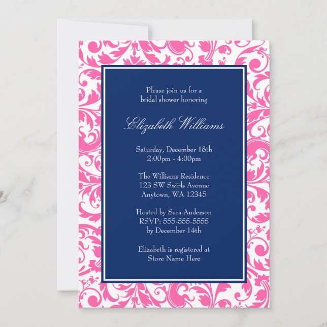 Invitación Ducha nupcial azul y rosa de la marina Damask (Anverso)
