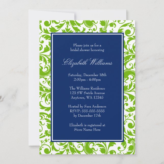Invitación Ducha nupcial azul y verde marina Damask (Anverso)
