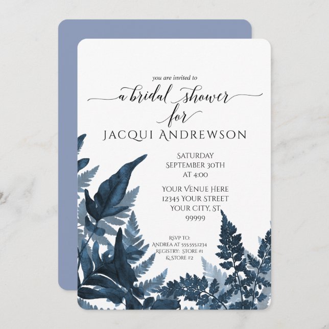 Invitación Ducha nupcial Azure Blue Fern Foliage Botánico (Anverso / Reverso)