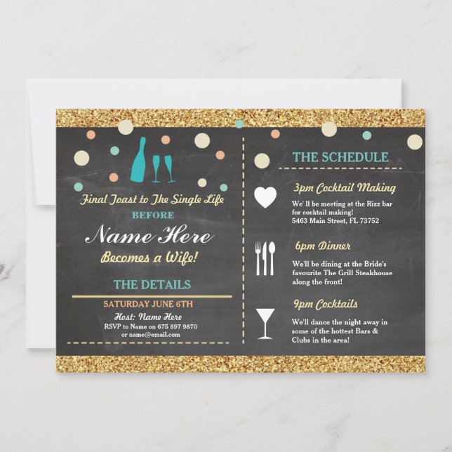 Invitación Ducha nupcial Bachelorette Purpurina Itinerary Blu (Anverso)