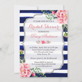 Invitación Ducha nupcial Bandas azules rosadas de plata flora